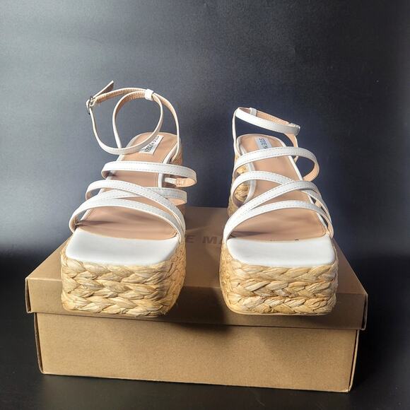 Steve Madden Belise 11 White Leather Strappy Raffia Espadrille Chunky Heels‎ NWB - Picture 3 of 8